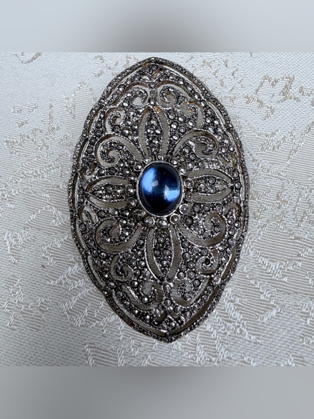 Vintage Filigree Brooch/Pendant with Blue Center, September, Statement